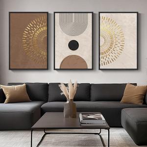 Large Framed Boho Neutral Abstract Wall Art for Living Room, 3 Piece Canvas Prints Paintings Artwork for Walls, Minimalist Brown Beige Gold Geometric Pictures for Hallway Stair Office Wall Decor 24x36 (Radiant)