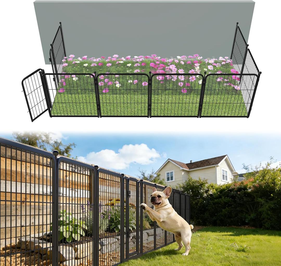 FXW Garden Fence Outdoor for the Yard  24in(H) x 15.2ft(L) Heavy Duty Metal Animal Barrier for Dog, No Dig Decorative Dog Fence, 8 Panels, Black
