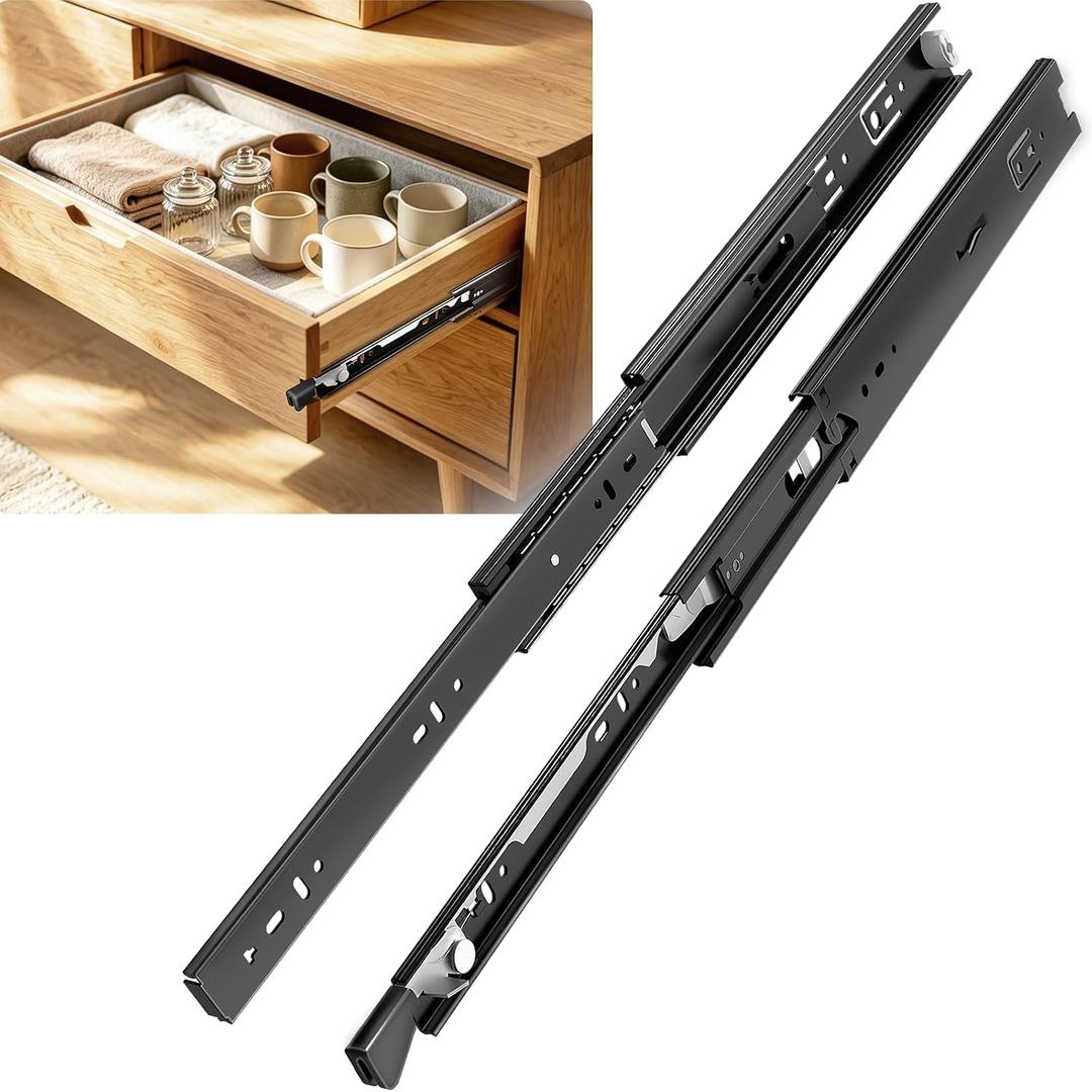 16 inch Locking Full Extension Ball Bearing Drawer Slides,Black | 100 LB Load Capacity Heavy Duty Side Mount File Cabinet Rails Dresser Runner Trash Can Kitchen with One Lock