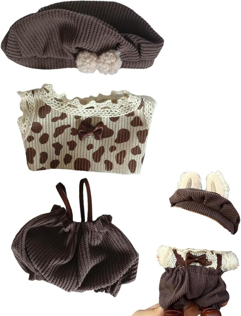 Doll Outfit Clothes Set for 17cm Dolls, Premium Fashion Hat Overalls Sweater Bag Dress Jumpsuit for Dolls Accessories (NO Doll) (Brown Set)