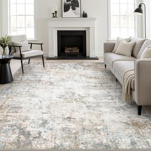 9x12 Area Rug Living Room Rug: Washable Modern Abstract Soft Thin Rug Indoor Floor No Slip Stain Resistant Carpet for Bedroom Dining Room Farmhouse Nursery Home Office - Brown Grey