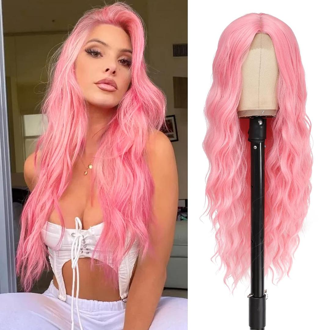 Cosplay Long Pink Wig 28 Inch Middle Part Synthetic Wig Realistic Gifts Party Wigs for Women Daily Use Colorful Wigs (Pink)
