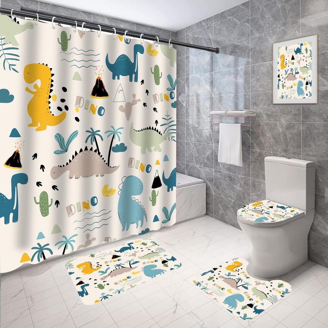 Coxila Kids Dinosaur Shower Curtain Set Funny Fun Colorful Dino Boys Toddler Cartoon Children Animal Toilet Lid Cover U Shaped Bath Mat 4 Pcs Decor Bathroom Non-Slip Rug Fabric Polyester 60x72 Inch (Beige)