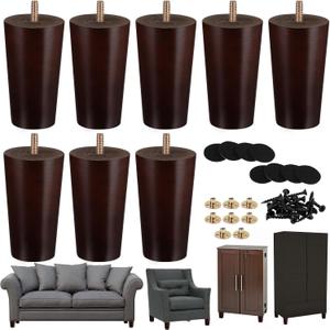 Ruisita 8 Pieces Furniture Couch Legs 4 Inch Round Solid Wood Sofa Legs with M8 T-Nuts Natural Wooden Couch Leg Replacement Leg for Armchair, Cabinet Chair Footstool Mid Century Modern Dresser, Brown