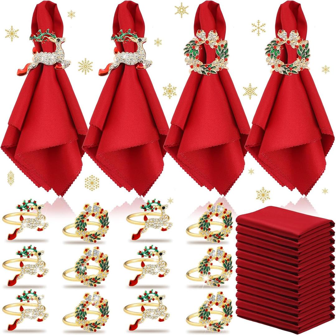 Sliner 24 Pcs Christmas Napkins and Ring Set 12 Pcs Red Washable Christmas Napkins Cloth and 12 Pcs Xmas Napkin Rings Holder for Holiday Dinner Party(Metal,Elk, Bell)