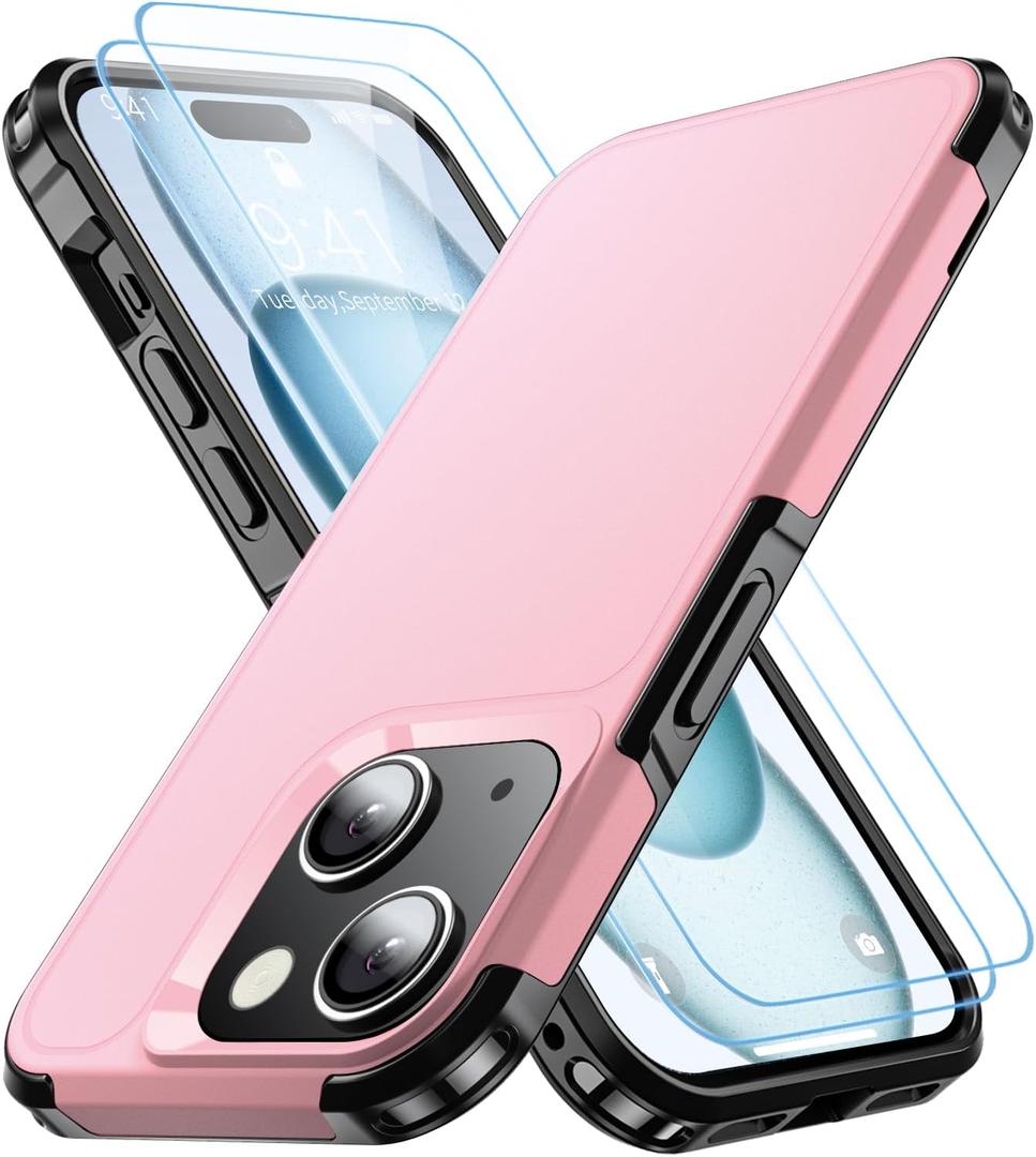 Shockproof for iPhone 15 Case,[15 FT Military Grade Drop Protection],with 2X [Tempered Glass Screen Protector ] with Air Bumpers Full-Body Protective Phone Case,Pink Black
