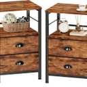 Furologee Night Stand Set of 2, Nightstand with 2 Fabric Drawers, Bed Side Table with Open Shelf, Wooden Top, Hooks, Backboard Design, End Table for Bedroom, Study, Hallway, Brown