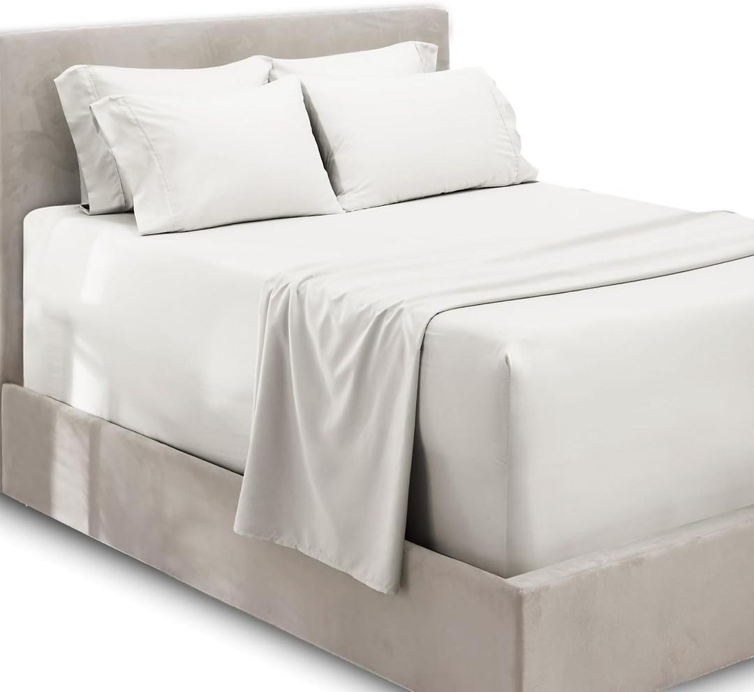 Hearth & Harbor 6Pc King Size Bed Linen Set - Extra Deep Pocket Sheets 18-24 Inches - Microfiber Sheets - White