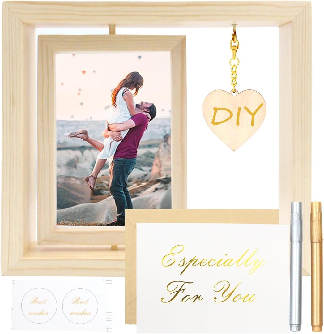 E-Bro Double Sided Rotating Floating 4x6 Rustic Wood Picture Frame Gifts with DIY Heart-Shaped Pendant - Romantic Wedding Gift for Couples, Unique Engagement Gift (Wood Grain)