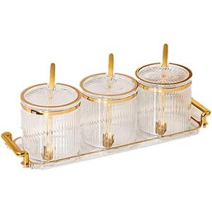 Acrylic Condiment Spice Jars and Box with Lids, Spoons, Tray - Pack of 3, Clear Plastic Canisters, Seasoning Box Set for Salt, Paprika, Sugar - Kitchen Storage