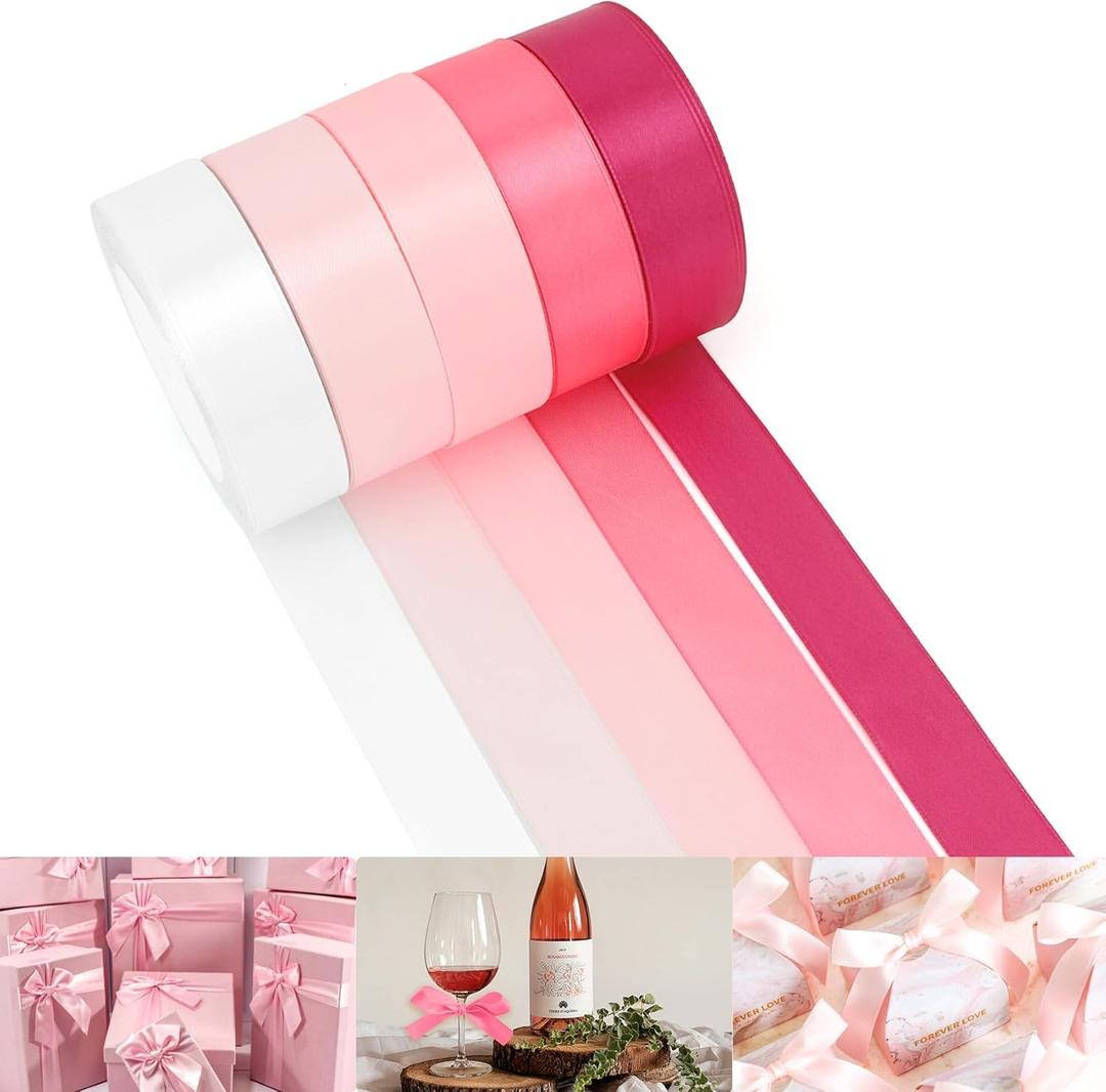 Pink Satin Ribbon - 1 Inch, 5 Rolls Total 125 Yards - Baby, Light, Hot Pink for Wedding Bouquets, Gift Wrapping, Bridal Showers