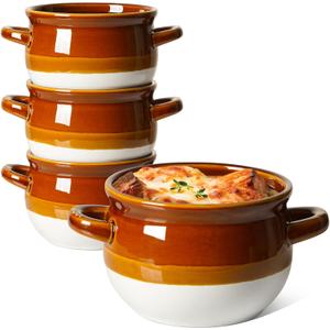 LE TAUCI French Onion Soup Bowls with Handles, 16 Oz Ceramic French Onion Soup Crocks Oven Safe Serving Bowls for Soup, Chili, Beef Stew, Cereal, Pot Pies, Set of 4