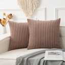 UGASA Soft Velvet Stripe Decorative Pillow Covers Set of 2 Solid Corduroy Textured Euro Cushion Cases for Couch Bedroom Sofa Farmhouse, 18x18 Inch, Light Brown