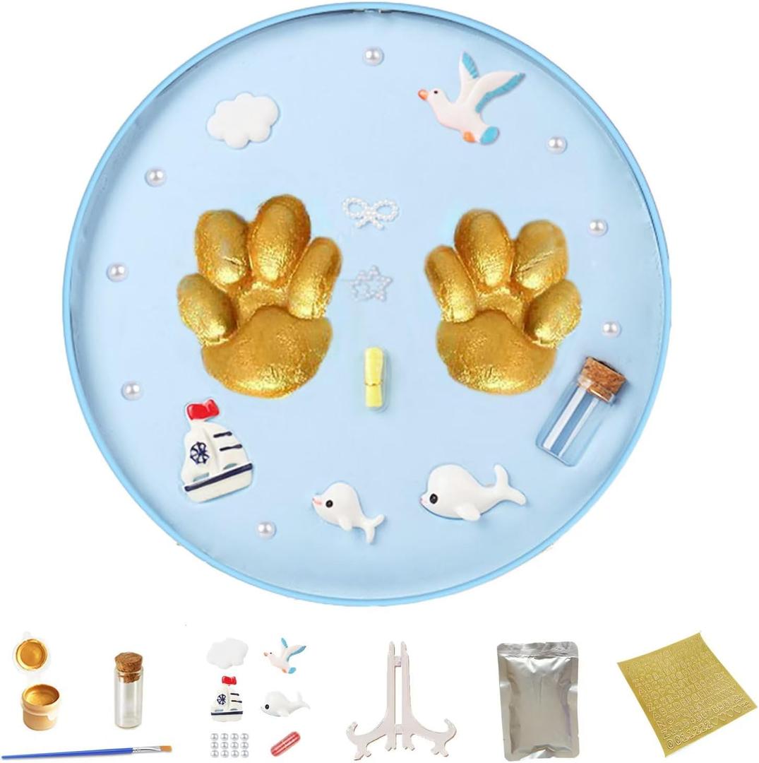Pet Paw Print Kit, DIY Memorial Keepsake for Dogs & Cats, Includes Blue Clay, Hair Bottle, Name Letter, Bracket & Decorations, Gift for Pet Lovers