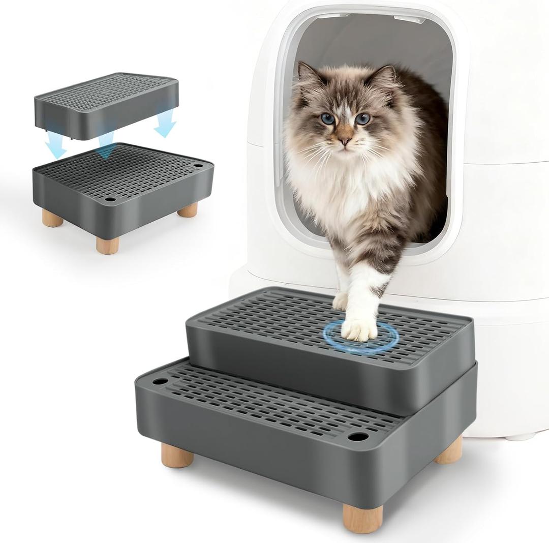 Elevated Cat Ramp for Litter Box, 2 Steps Cat Pedal Step Stool with Wooden Base, Detachable Double Layered Cats Litter Trapper, Suitable for Small&Elderly Cats, Non-Slip(Dark Grey)