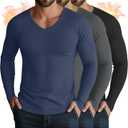 3 Pack Men's Thermal Shirts Big and Tall Fleece Lined Long Sleeve V Neck Base Layer Raglan Curved Hem Warm Tops (XXL)