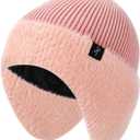 Winter Fleece-Lined Beanie with Earflaps, Warm Windproof Unisex Beanie Hat for Skiing, Hiking & Outdoor Winter Sports (Pink)