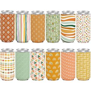 12 Pcs Boho Can Cooler Sleeves, Reusable Neoprene Insulated Drink Sleeve Bulk for 12oz Cans Bottles Beverages, Perfect for Summer Party Favors Gifts Decors, 12 oz Slim