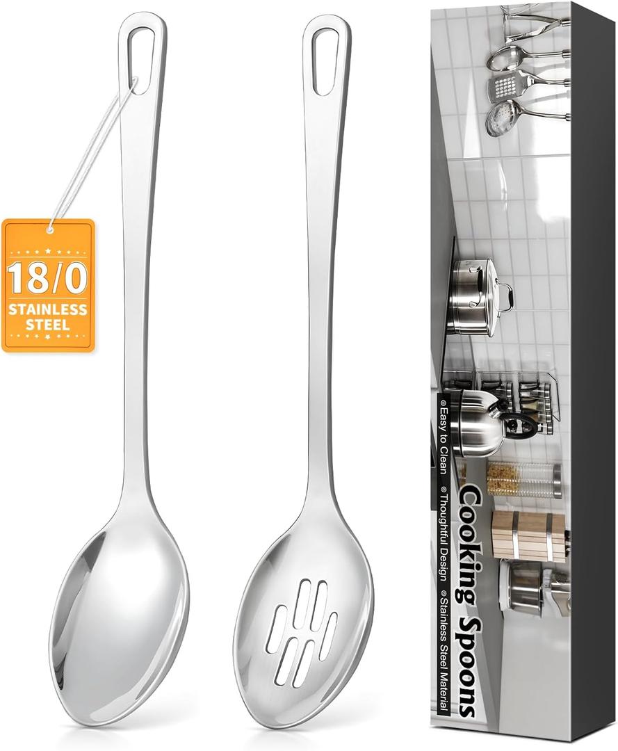2 Pcs Stainless Steel Cooking Spoons Set, Solid & Slotted Metal Serving Spoons, Heavy Duty Sturdy Large Soup Ladle, High Heat Resistant Kitchen Cooking Utensils for Mixing, Stirring, Easy to Clean