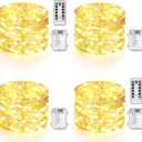 4 Pack 100 LED Fairy Lights Battery Operated with Timer & Remote, 33FT Waterproof Twinkle Lights Indoor Outdoor, Fairy String lights for Bedroom Classroom DIY Wedding Christmas Decorations, Warm White