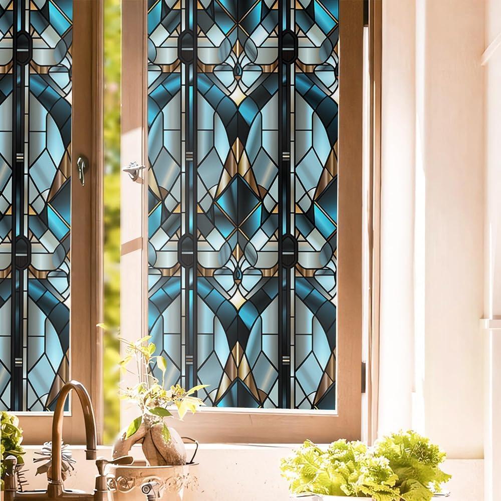 Grey Blue Geometric Modern Stained Glass Window Films Decorative Double-Side Privacy Film Self-Adhesive Static Window Clings for Living Room Bathroom Decor