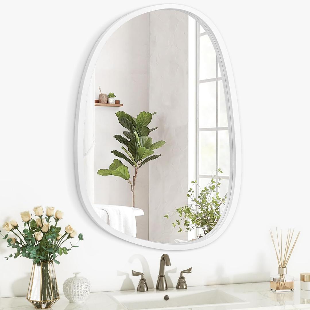 Asymmetrical Wood Frame Bathroom Mirrors for Wall Unique Irregular Oval White Mirror Modern Living Room Bedroom Vanity Entryway Hallway Decorative Artistic Hanging Wall Mirror 16"x12" White (16"L x 12"W)