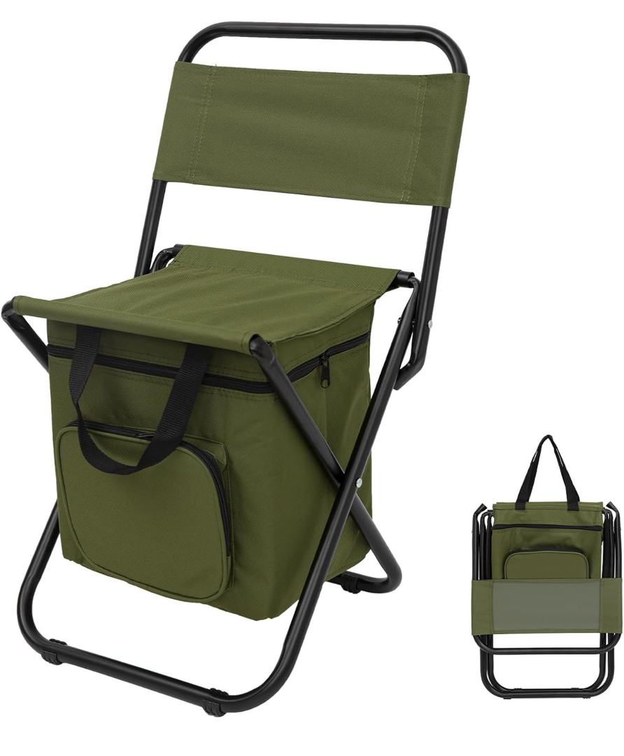 FUNDANGO Small Fishing Chair with Cooler Bag, Lightweight Camping Chair Compact Fishing Stool with Backrest for RV Hiking Travel, Hunting, Ice Fishing Gifts Gear for Men