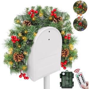 3 Ft Artificial Christmas Mailbox Swag, Pre-lit Mailbox Christmas Decorations with 30 Warm White & Multicolored LED Lights Red Berry Clusters Pinecones 8 Lightmodes Timer for Xmas Holiday Home Decor