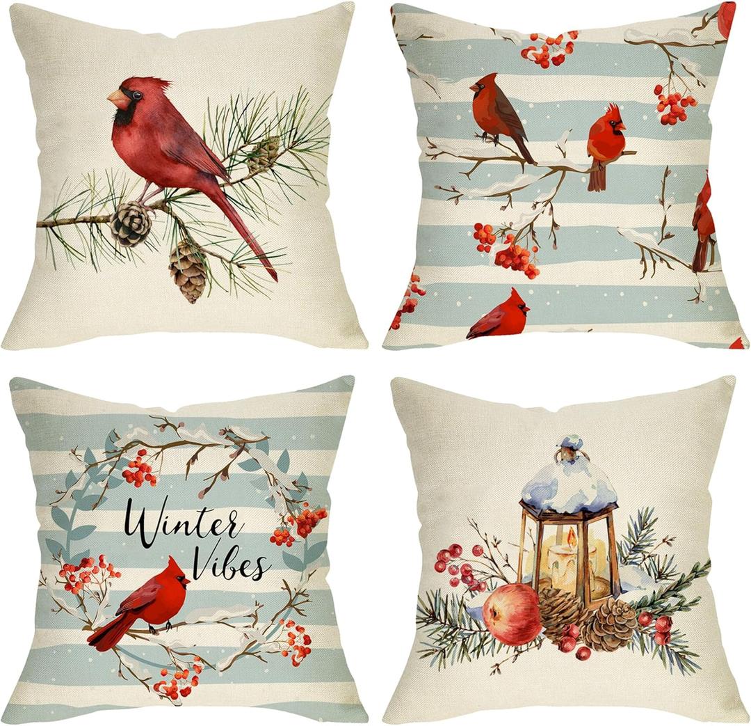 Winter Vibes Cardinal Red Birds Decorative Throw Pillow Cover 18x18 Set of 4, Berry Wreath Pine Cones Kerosene Lamp Home Christmas Decoration, Snow Farmhouse Cushion Case for Sofa Couch Decors