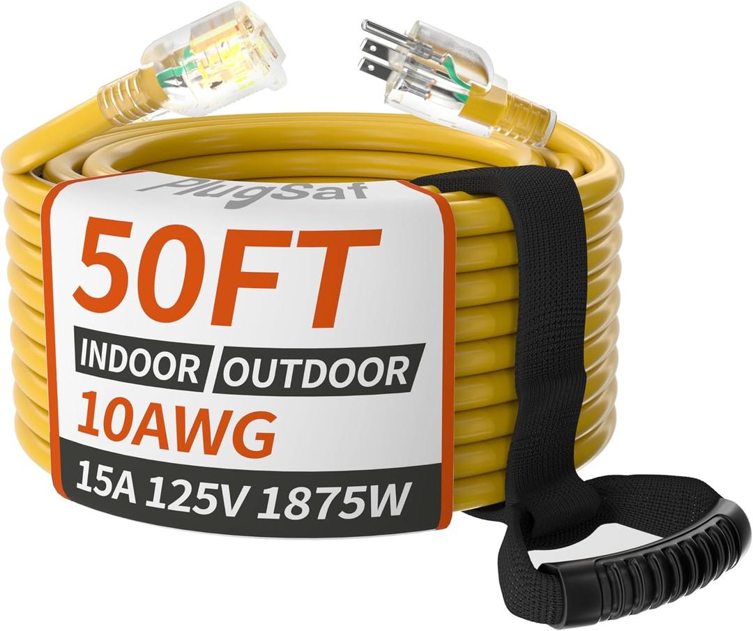 50ft 10 Gauge Outdoor Extension Cord Waterproof with Lighted Indicator,10 AWG SJTW Heavy Duty 15Amp 1875W,3 Prong Cords Flexible Copper Yellow ETL Listed