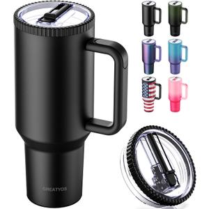 40 oz Tumbler with Handle and Flip Straw Lid - Upgraded Traveler 40oz Tumblers with Lids Straws Vacuum Insulated Leak Proof Stainless Steel Cup Mug Gifts for Men Women Him Her (Black)