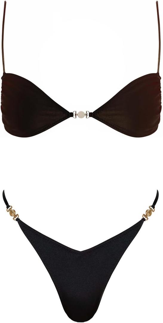 VOLAFA Women's Triangle Bikini Set Tie Solid Sexy Thong Cheeky Two Piece Swimsuit Bathing Suit (4, Black) XL
