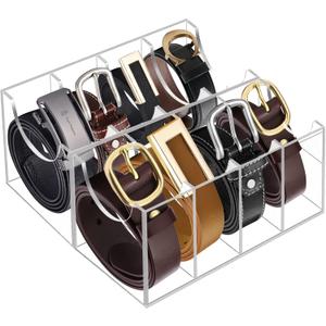 Acrylic 8 Compartment Belt Organizer - Clear Display Case for Closet Tie, Bow Tie, Watch, Jewelry, Bracelets, Ring