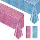 Just Shimmer Sparkling Holographic Laser Tablecloth - Shimmering, Waterproof, Easy to Clean - Ideal for Bachelorette, Birthday, Wedding, and Anniversary Party Decorations (Pink & Light Blue, 2)