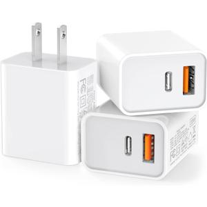 3 Pack USB C Wall Charger, 20W Durable Dual Port QC+PD 3.0 Power Adapter, Double Fast Plug Charging Block for iPhone 14/15/16/17 Pro/Pro Max/Plus, XS/XR/X, Watch Series 8/7 CubeWhite