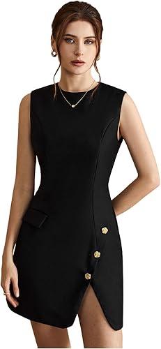 Women's Crew Neck Button Front Mini Dress Sleeveless Split Hem Work Business Casual Dresses Small Women's Crew Neck Button Front Mini Dress Sleeveless Split Hem Work Business Casual Dresses Small