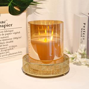 JHY DESIGN Large 3-Wick Glass Flameless Candles 8''H Battery Operated Dancing Flame Flickering LED Pillar Candles with 6-Hour Timer Real Wax Candles for Home Wedding Party FestivalGold