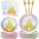 Justforjoyful 200Pcs Princess Castle Birthday Party Supplies Watercolor Pastel Rainbow Plates and Napkins Gold Glitter Tableware Set for Fairytale Baby Shower Party Decorations for 50 Guests
