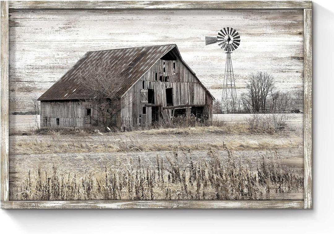 SunFlax Wood Wall Art Farmhouse Picture: Vintage Brown Rural Office Artwork Large Rustic Barn and Windmill Framed Painting for Living Room Bedroom Home, Size: 45"L x 30"W