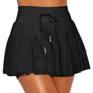 Women's Pleated Skirt High Waisted Ruffle Tennis Skirts Sports Skater Running Skorts with Shorts Pockets Black XL