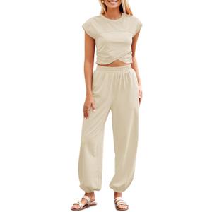 Fisoew Women's Two Piece Outfits Casual Lounge Sets Crop Tops and Joggers Tracksuit with Pockets (Beige, L)