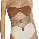 SherryDC Women's Cutout One Piece Swimsuit Bandeau Ruched Color Block High Waisted Bathing Suit with Removable Straps (Medium, 127-brown)