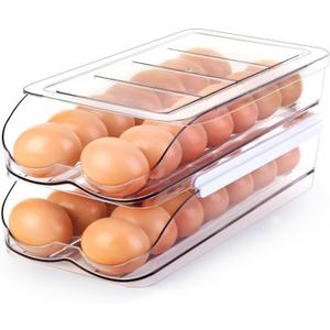 RoskDeewat Egg Holder for Fridge, Automatic Rolling Egg Container for Refrigerator, Stackable Fridge Organizers and Storage with Lid, Clear Plastic Egg Dispenser & Tray (2 Tier)