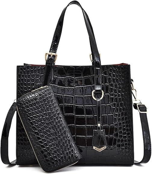 Women Handbags and Wallet 2Pcs Set Glossy Crocodile Pattern Leather Purses Satchel Handbag Tote Bags Shoulder Clutch