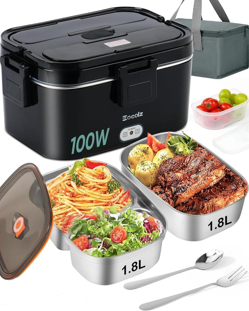 Eocolz Electric Lunch Box Food Heater 100W, Food Warmer with Dual Container 1.8L Portable Heated Lunch Box for Car Truck Work Stainless Steel Fork & Spoon 12/24/110V for Adults Lonchera Elctrica (Black)