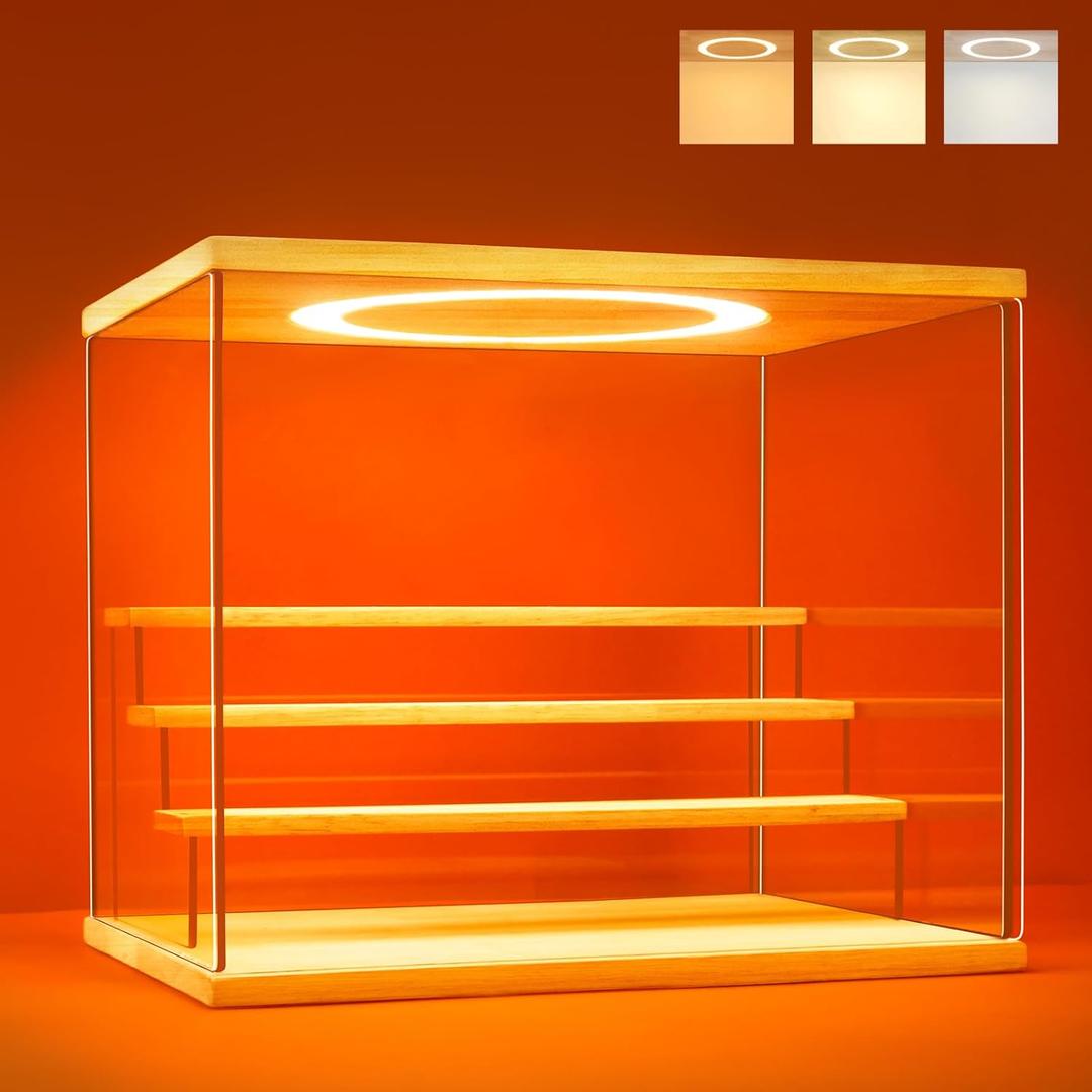 Acrylic Display Case with Adjustable LED Light, 4 Tier Clear Display Box Dustproof Showcase for Action Figures, Collectibles and Mini Toys, Assembly Display Cabinet(Wood 12.59.510.4in)
