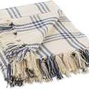DII Modern Farmhouse Plaid Collection Cotton Fringe Throw Blanket, 50x60, White/French Blue