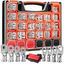 Kuject 220PCS Tinned Copper Wire Lugs Kit AWG 2/0 1/0 1 2 4 6 8 Gauge, Heavy Duty Battery Cable Lug Ends, Ring Terminal Connectors Assortment with 110PCS 3:1 Heat Shrink Tubing