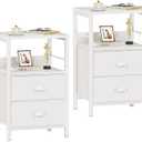 Furologee Nightstands Set of 2, End Table with 2 Fabric Drawers, Night Stand with 2 Hooks, Open Wood Shelf Bedside Table for Bedroom/Living Room/White