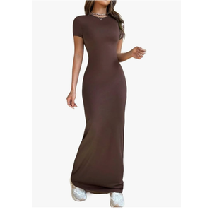 Women's 2025 Casual Plain Long Dress Short Sleeve Slim Fit Maxi Dress, Size -S